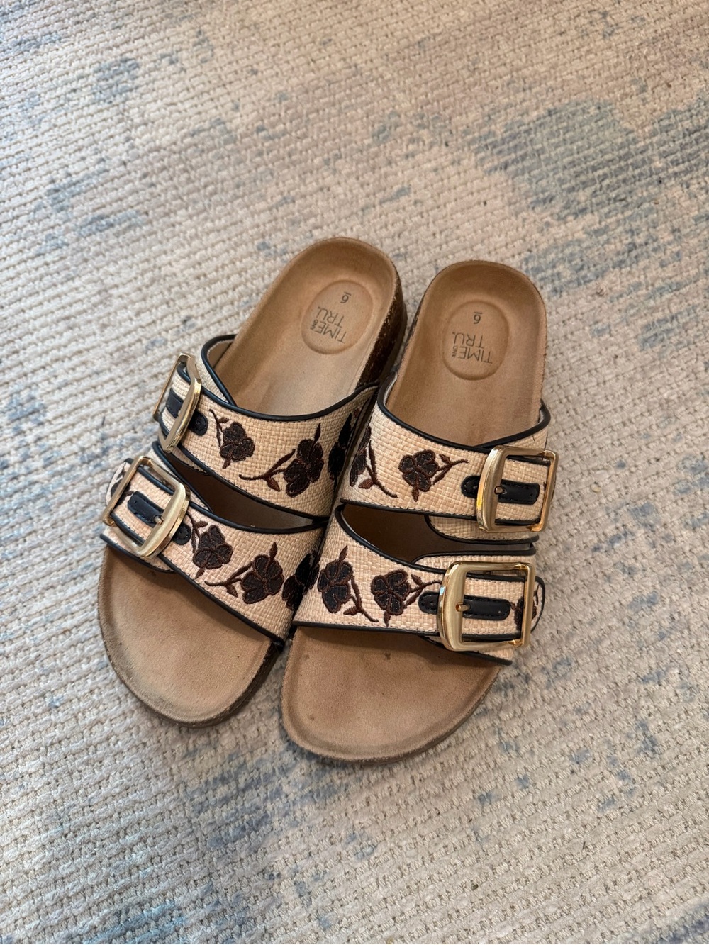 Time and Tru Beige Floral Embroidered Double Buckle Slide Sandals